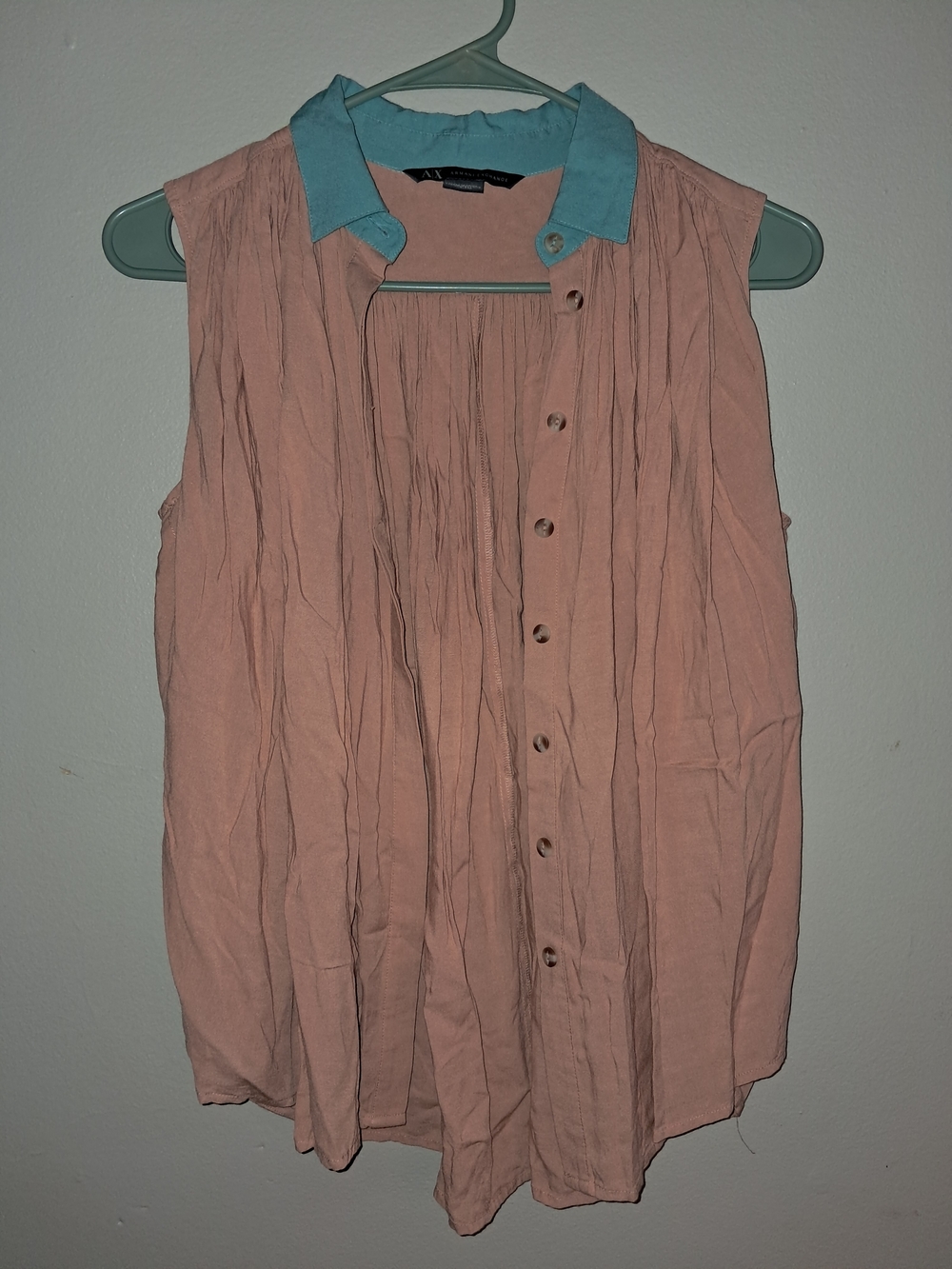 Armani Exchange Pink Sleeveless Button-Down Top with Teal Collar